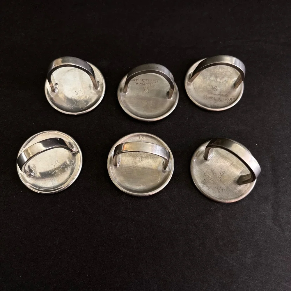Handmade Pewter Acorn Napkin Rings Set 6 Artist Signed 1980s Vintage